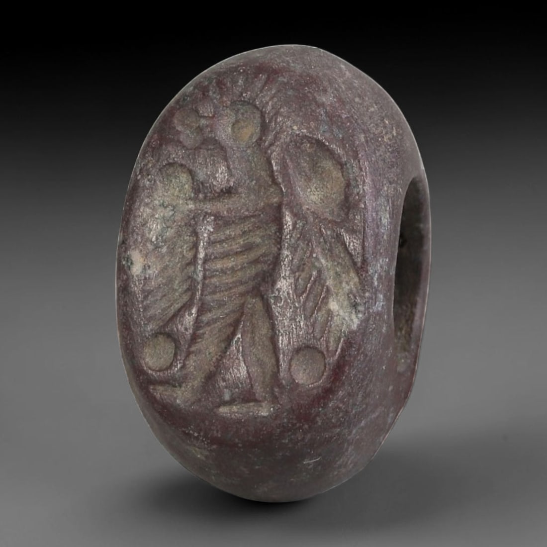 Ancient Sasanian Steatite Hemispherical Stamp Seal, 16AP: Antique hemispherical stamp seal hand-carved from natural steatite stone, measuring 1.7cm x 1.4cm. This classic domed Sasanian stamp seal follows the iconic compact hemispherical silhouette typical of