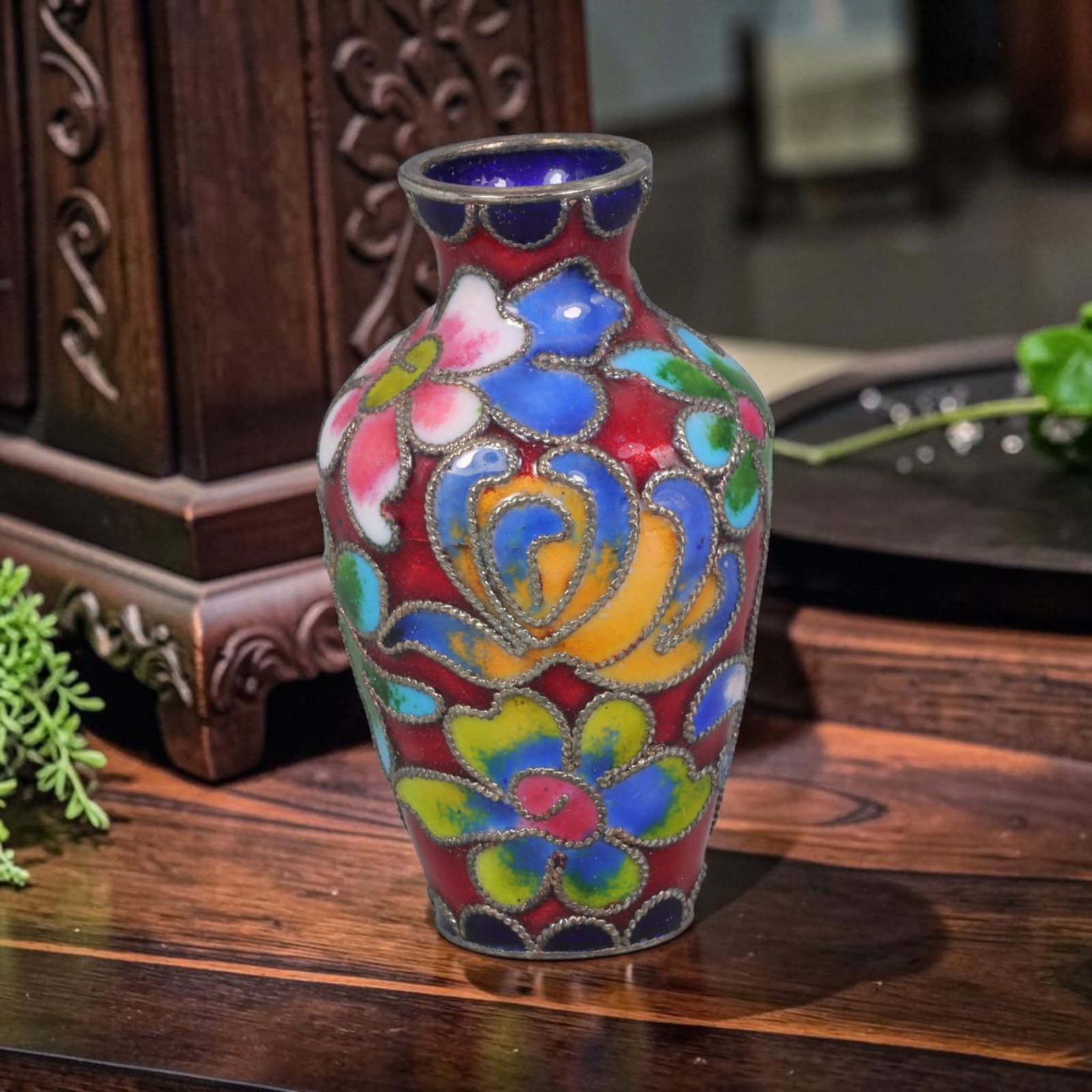 Vintage Chinese Copper Cloisonne Mini Vase - Multicolor Floral Red Enamel Vessel, 40AR: Constructed on a copper base with fine silvered cloisonne wire filigree and hand-fired multi-hued enamel glazes. This slender miniature baluster vase features a rich crimson red enamel ground covering
