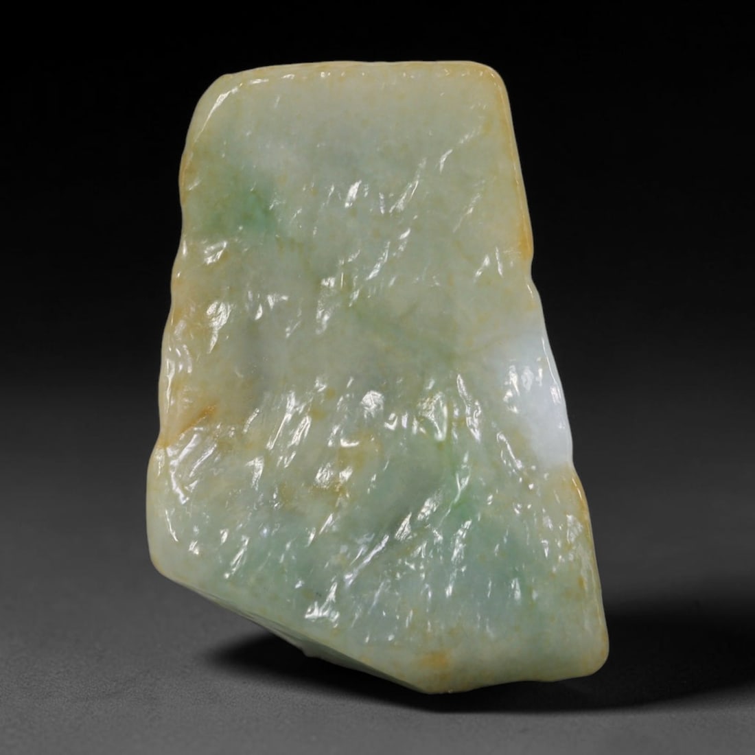 405ct Natural Type A Burmese Jadeite Jade Polished Sliced Rough, 90AZ: This specimen is a sliced rough block of natural Type A Burmese jadeite jade. The interior displays natural colour zoning with visible mineral veining and crystalline patterns typical of unprocessed j