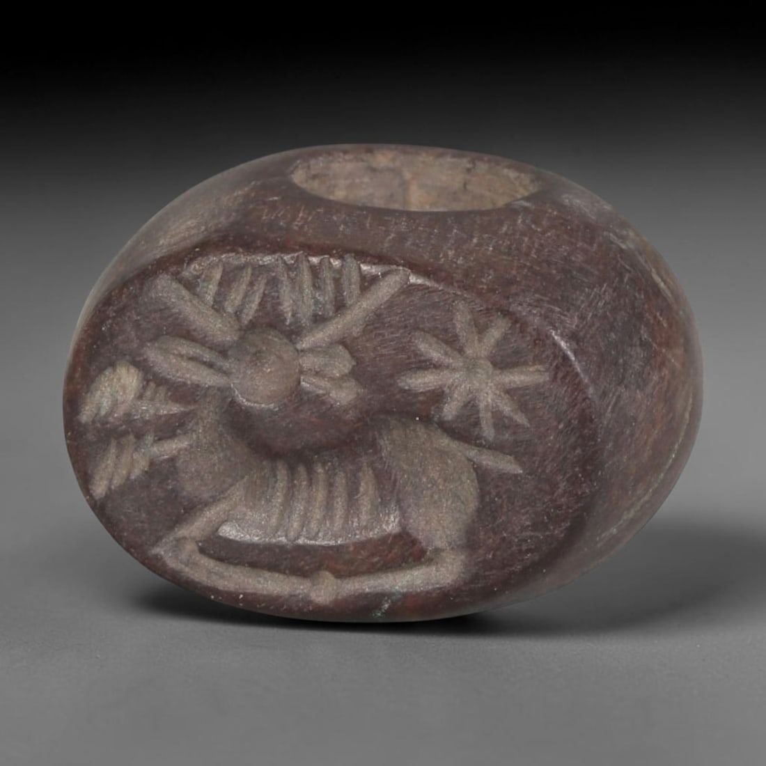 Ancient Sasanian Steatite Hemispherical Stamp Seal, 23AP: Antique hemispherical stamp seal hand-carved from natural steatite stone, measuring 1.8cm x 1.5cm. This classic domed Sasanian stamp seal follows the iconic compact hemispherical silhouette typical of