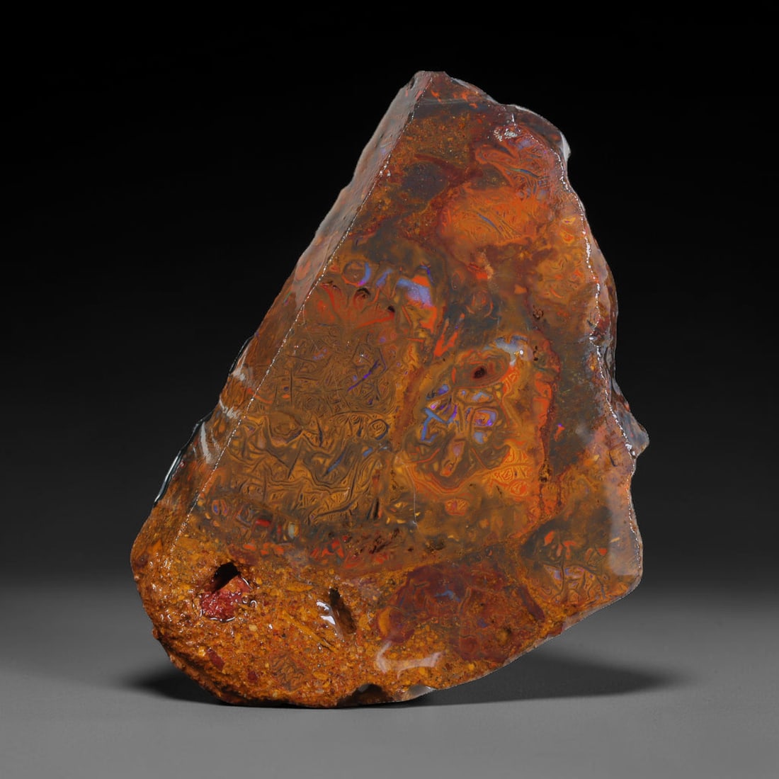 68.96ct Natural Australian Queensland Boulder Opal Sliced Slab Cutting Rough, 43AX: Natural sliced slab rough of Queensland boulder opal cutting grade, featuring rich color ironstone matrix with patterns. The face clearly reveals extensive opal veining and pocket formations running t