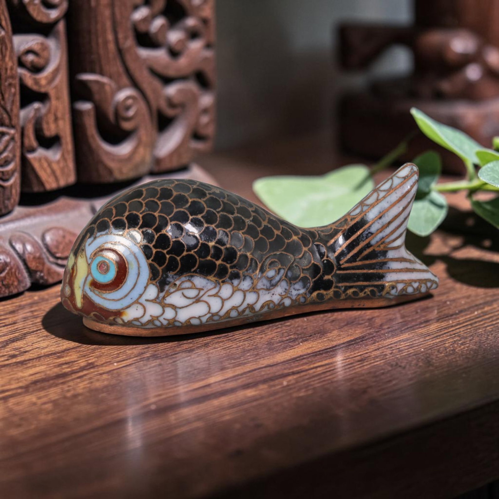 Vintage Chinese Black & White Cloisonne Carp Fish Effigy - Gilded Scale Mini Auspicious, 43AR: Handcrafted copper cloisonne carp effigy measuring 8cm in length and 3cm in height, a timeless traditional symbol of abundance, surplus and good fortune in Chinese folk culture. The fish figurine feat