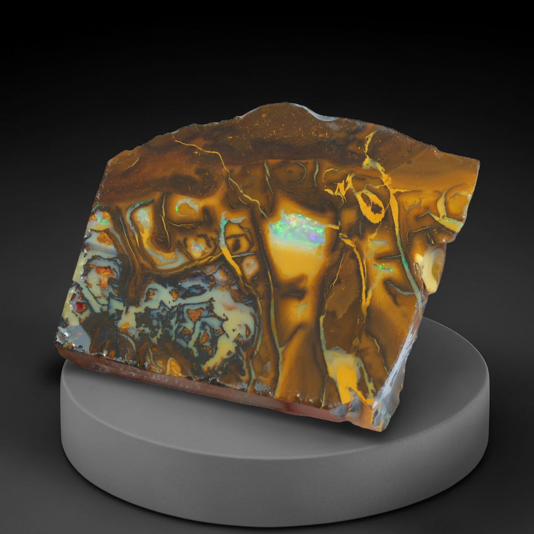 96.13ct Natural Australian Queensland Boulder Opal Sliced Slab Cutting Rough, 2AX: Natural sliced slab rough of Queensland boulder opal cutting grade, featuring rich color ironstone matrix with patterns. The face clearly reveals extensive opal veining and pocket formations running t