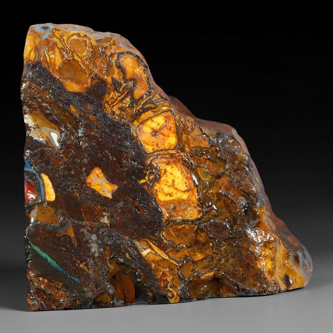 86.16ct Natural Australian Queensland Boulder Opal Sliced Slab Cutting Rough, 87AY: Natural sliced slab rough of Queensland boulder opal cutting grade, featuring rich color ironstone matrix with patterns. The face clearly reveals extensive opal veining and pocket formations running t