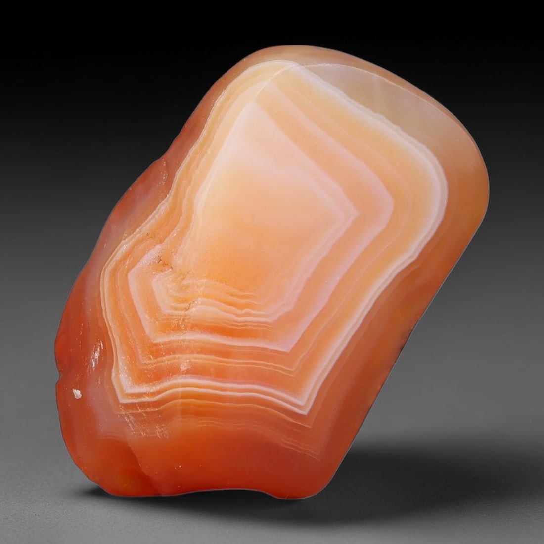 56ct Natural Brazilian Carnelian Banded Agate Sliced Rough Slab, 88FB: This polished slice specimen is natural carnelian banded agate sourced from Brazilian deposits, featuring concentric layered banding of rich orange, peach, and deep crimson-red chalcedony. One flat fa