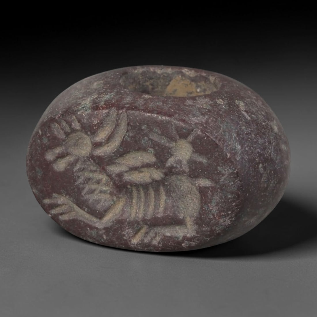 Ancient Sasanian Steatite Hemispherical Stamp Seal, 19AP: Antique hemispherical stamp seal hand-carved from natural steatite stone, measuring 1.7cm x 1.5cm. This classic domed Sasanian stamp seal follows the iconic compact hemispherical silhouette typical of