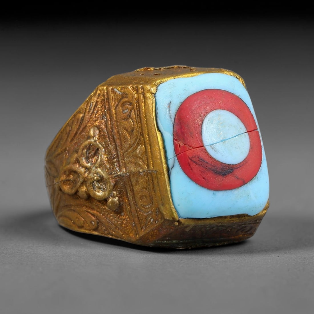 Antique Qajar Dynasty Copper Alloy Ring Set With Banded Glass Bead Cabochon, 67AC: Historic wearable signet ring crafted from textured copper alloy metal, sized to US ring size 10.5, originating from Qajar Persian artistic and adornment traditions of late medieval Iran. Copper alloy