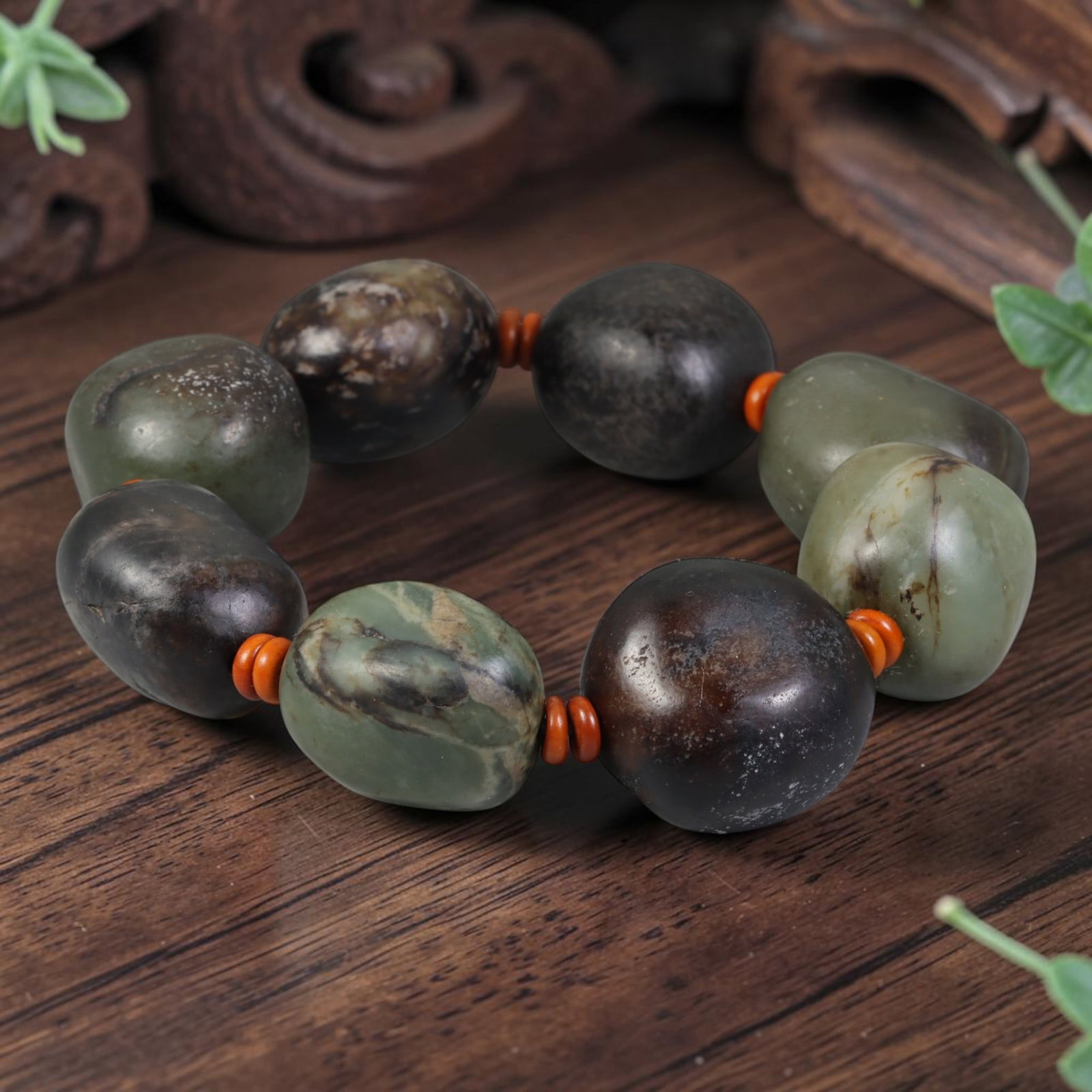 Natural Chinese Hetian Nephrite Jade Beaded Bracelet - Large Multi-Tone Raw Pebble Jade Strand, 12AP: Hand-strung bracelet crafted with oversized freeform natural Hetian nephrite pebble beads at 25mm, featuring a rich blend of natural muted celadon green, dark charcoal black, and earthy brown mineral 