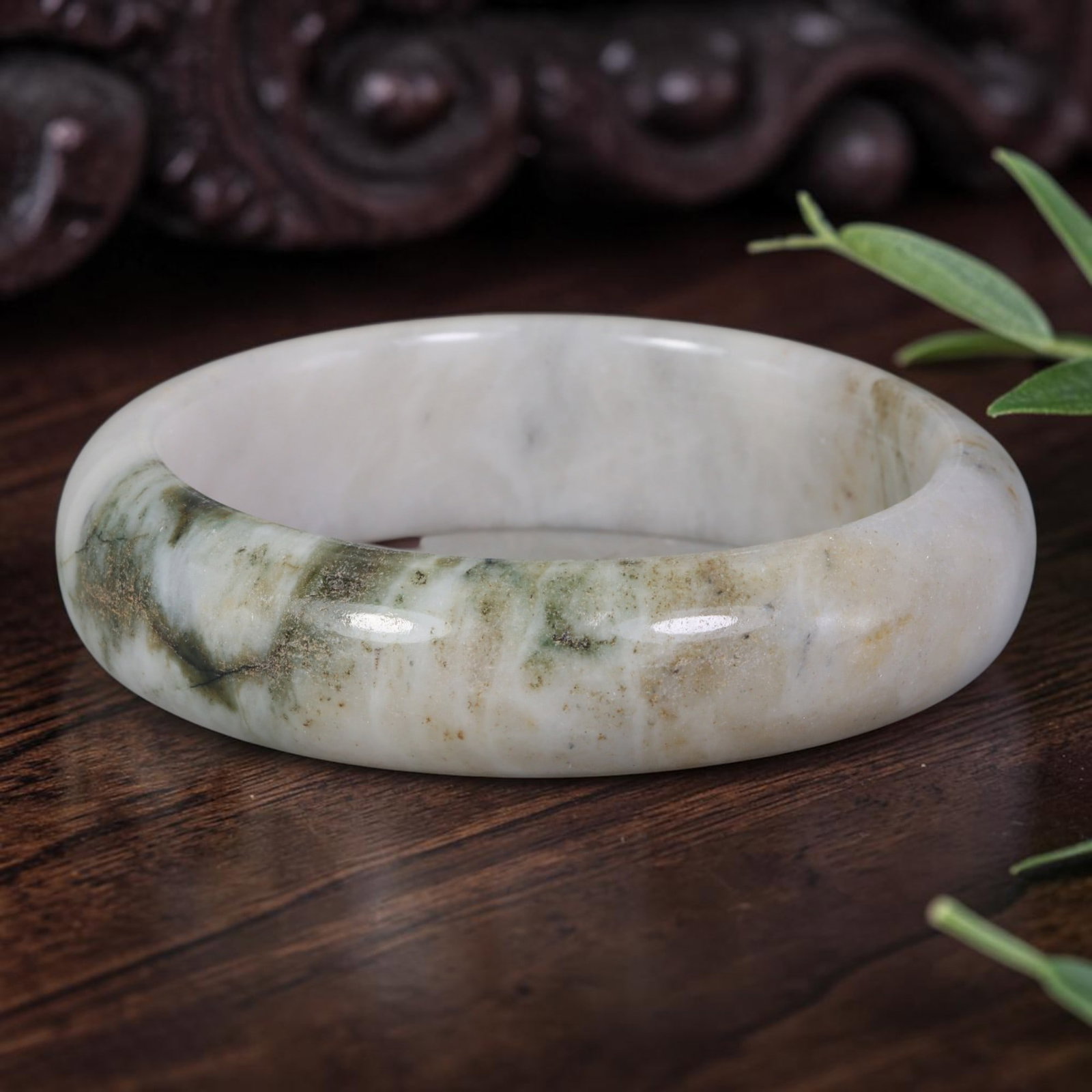 Natural Burmese Type A Earthy Green Brown Mineral Jadeite Jade Bangle, 93FD: Crafted from natural untreated Burmese Type A jadeite jade, this oversized wide band bangle features textured earthy dark green streaks mixed with rustic tan brown mineral flecks concentrated along on