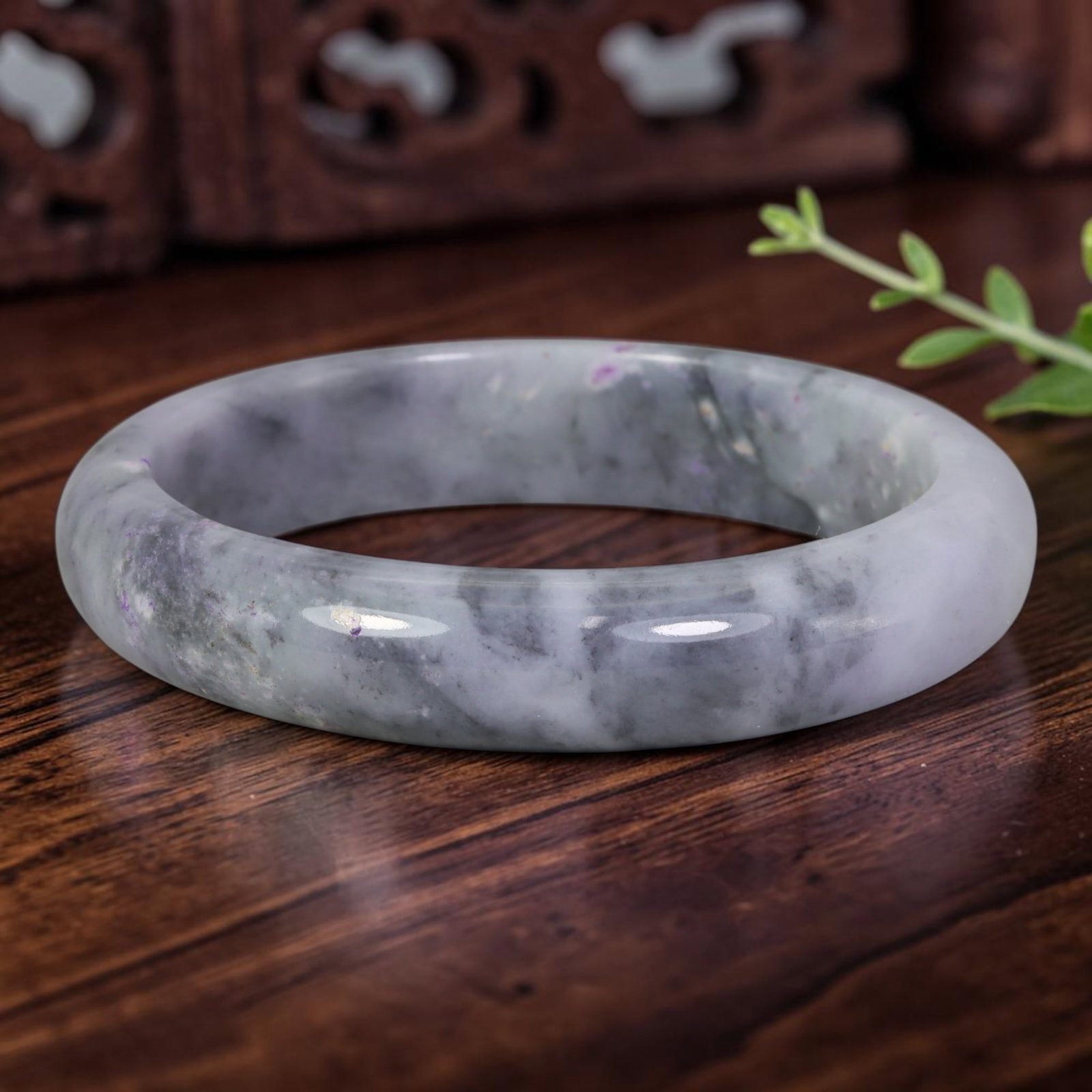 Natural Burmese Type A Gray Ink & Lavender Fleck Jadeite Jade Bangle, 2AP: Crafted from natural Burmese untreated Type A jadeite jade, this bangle features soft smoky gray ink cloud mottling scattered across a pale milky white base, dotted with delicate tiny lavender purple 