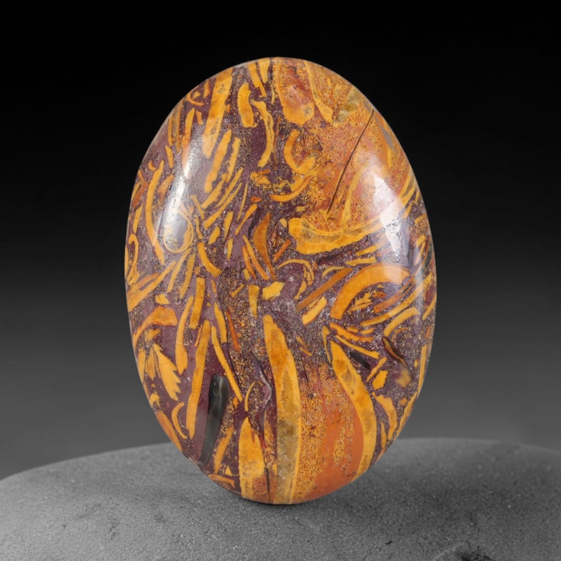 21.80ct Natural Mariam Jasper (Calligraphy Stone) Cabochon Loose Gemstone, 9AK: This fully polished Mariam Jasper, widely referred to as Calligraphy Stone, features deep plum base matrix interlaced with intricate golden ochre fossilized mineral veining that creates natural brushs