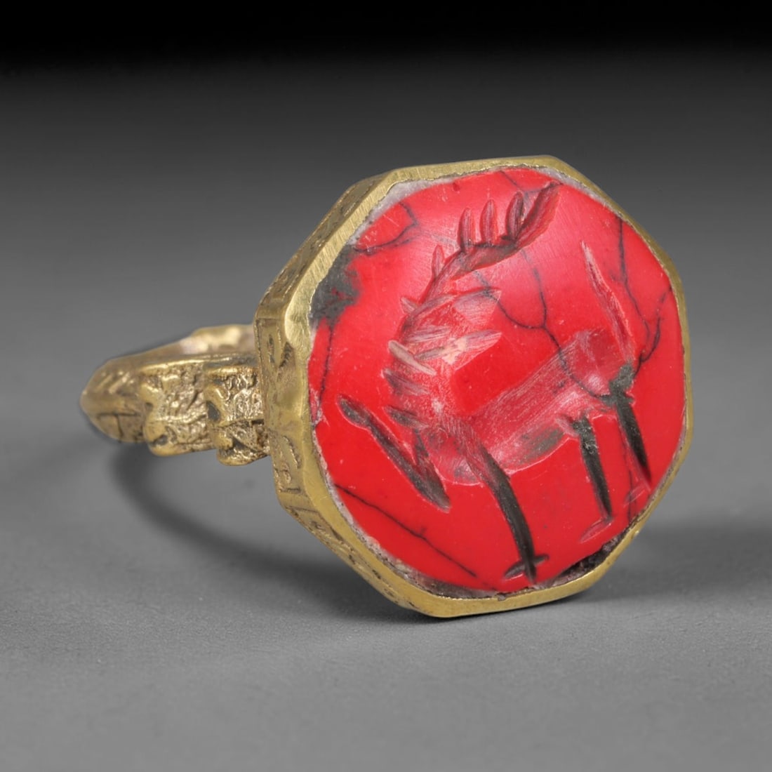 Antique Near Eastern Bust Intaglio Cabochon Set Vintage Signet Ring (1700-1900 CE), 43AM: The core collectible piece is the antique red matrix hardstone intaglio cabochon, fully hand-carved with a classical profile bust intaglio motif. Distinct from ancient and modern vintage stonework, th