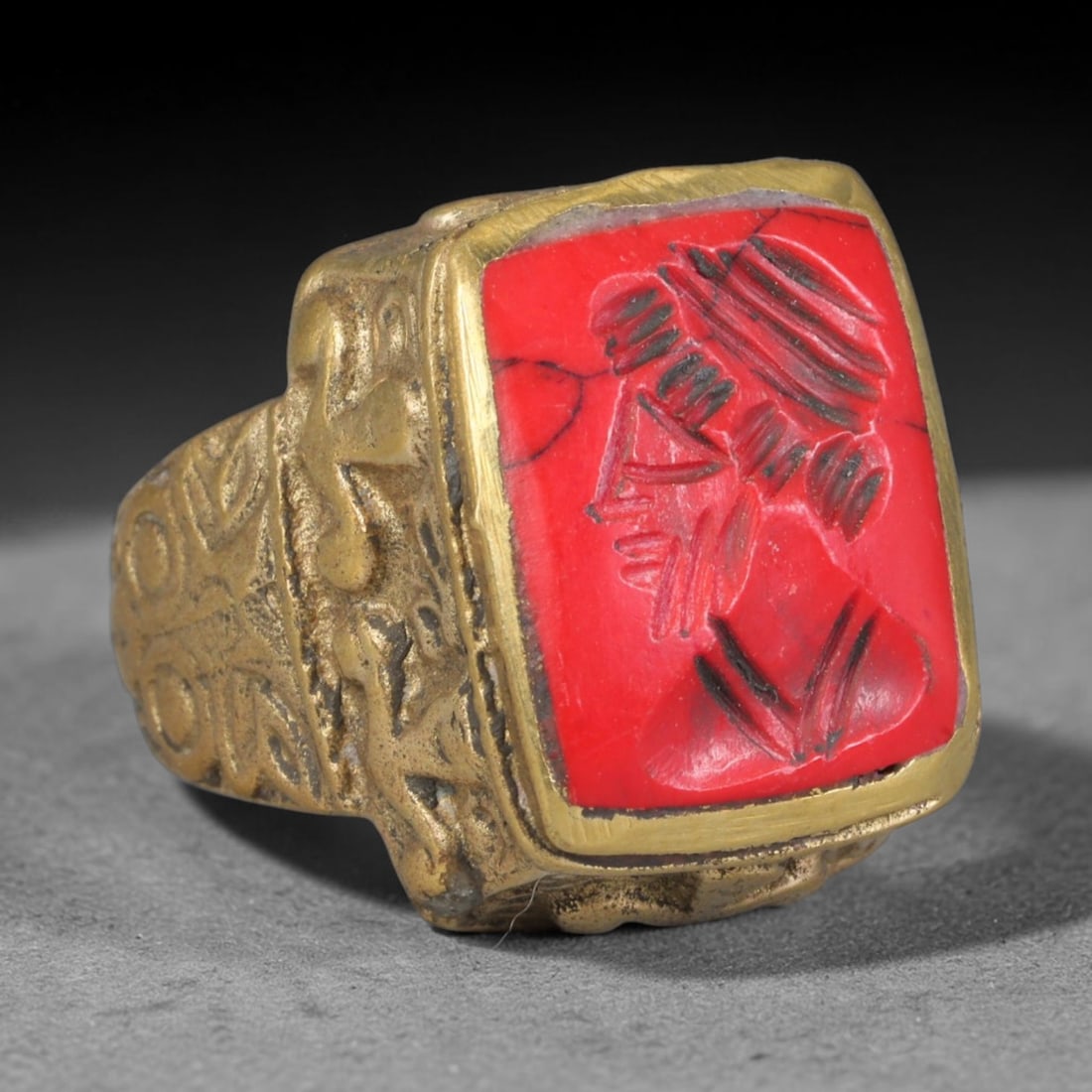 Antique Near Eastern Bust Intaglio Cabochon Set Vintage Signet Ring (1700-1900 CE), 68AM: The core collectible piece is the antique red matrix hardstone intaglio cabochon, fully hand-carved with a classical profile bust intaglio motif. Distinct from ancient and modern vintage stonework, th