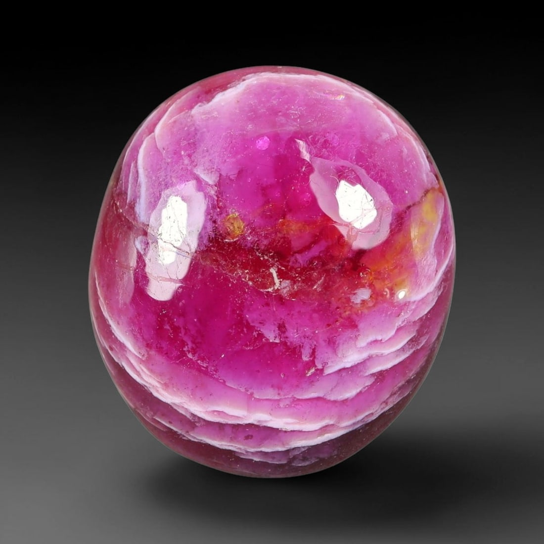 19.31 Carats Natural Mozambique Vivid Pink Red Ruby Loose Gemstone, 83FG: This polished Mozambique ruby cabochon measures 18.4x16.2x5.6mm, featuring striking natural swirling white mineral banding layered across a rich saturated pink red base that creates a unique organic a