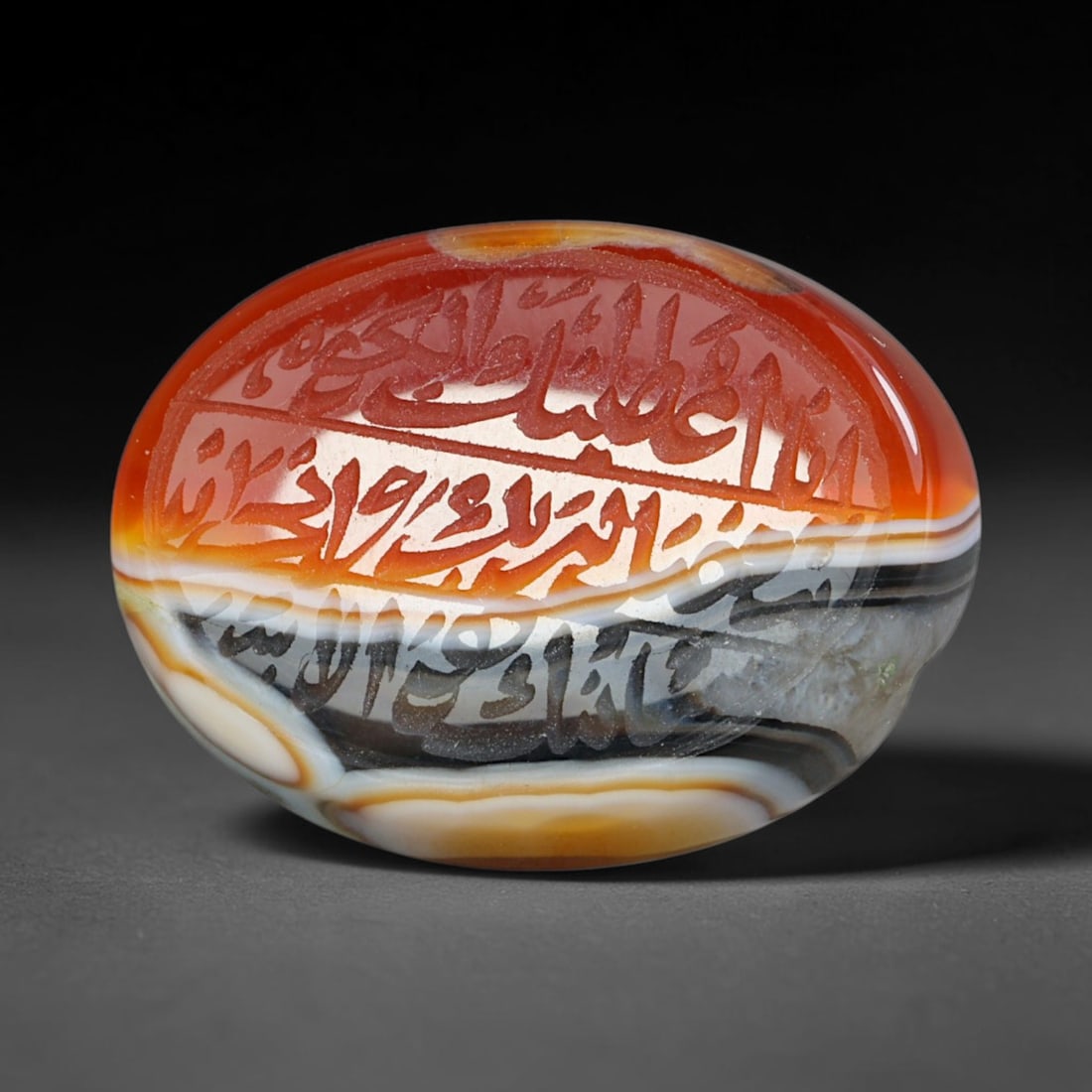 Early Vintage Islamic Natural Agate Script Intaglio Seal Cabochon (Post 1900 CE), 61FL: Fully hand-engraved oval agate intaglio seal tablet, crafted entirely by hand with no machine-assisted carving. The polished stone face features inscribed devotional script contained within a defined 
