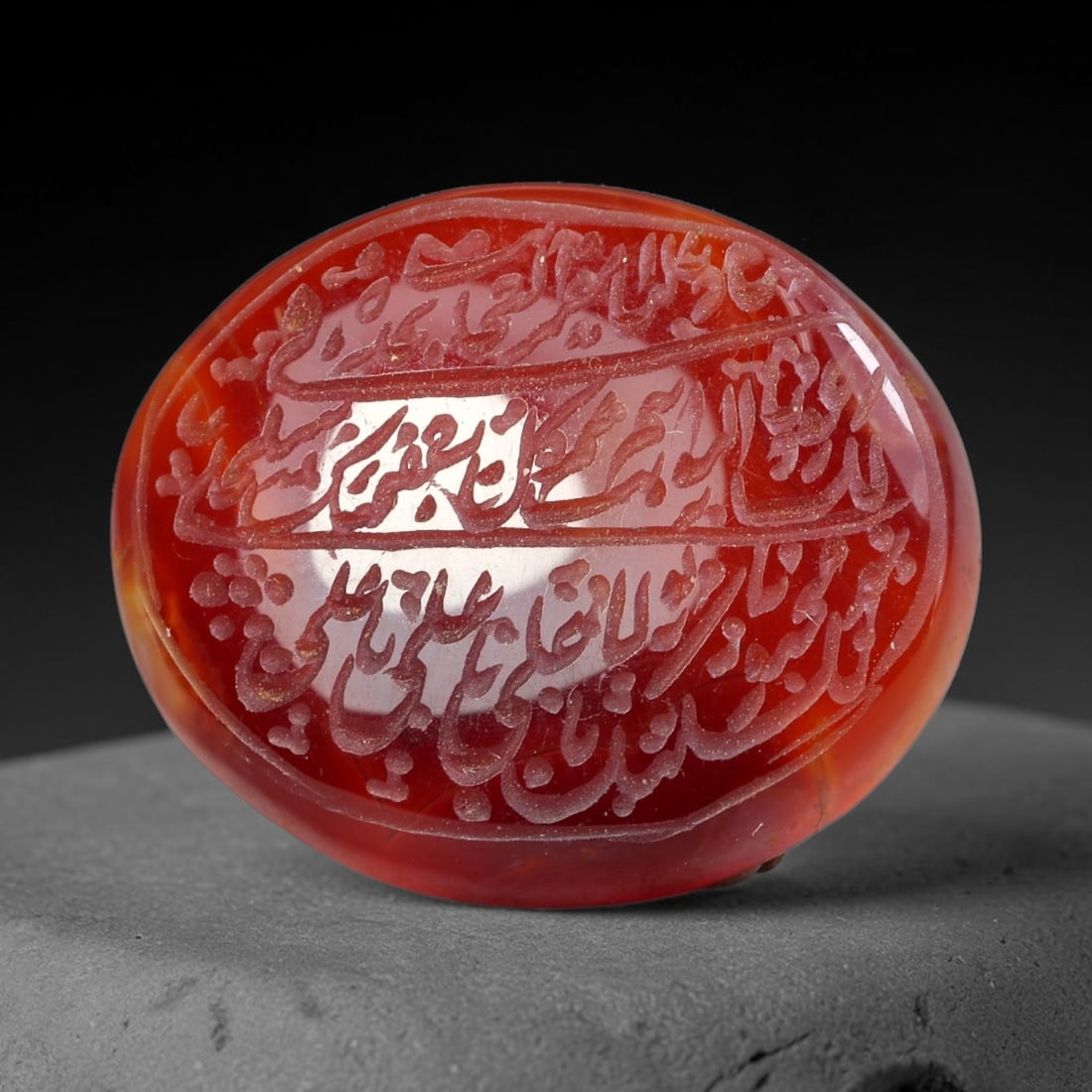 Early Vintage Islamic Natural Agate Script Intaglio Seal Cabochon (Post 1900 CE), 56FL: Fully hand-engraved oval agate intaglio seal tablet, crafted entirely by hand with no machine-assisted carving. The polished stone face features inscribed devotional script contained within a defined 