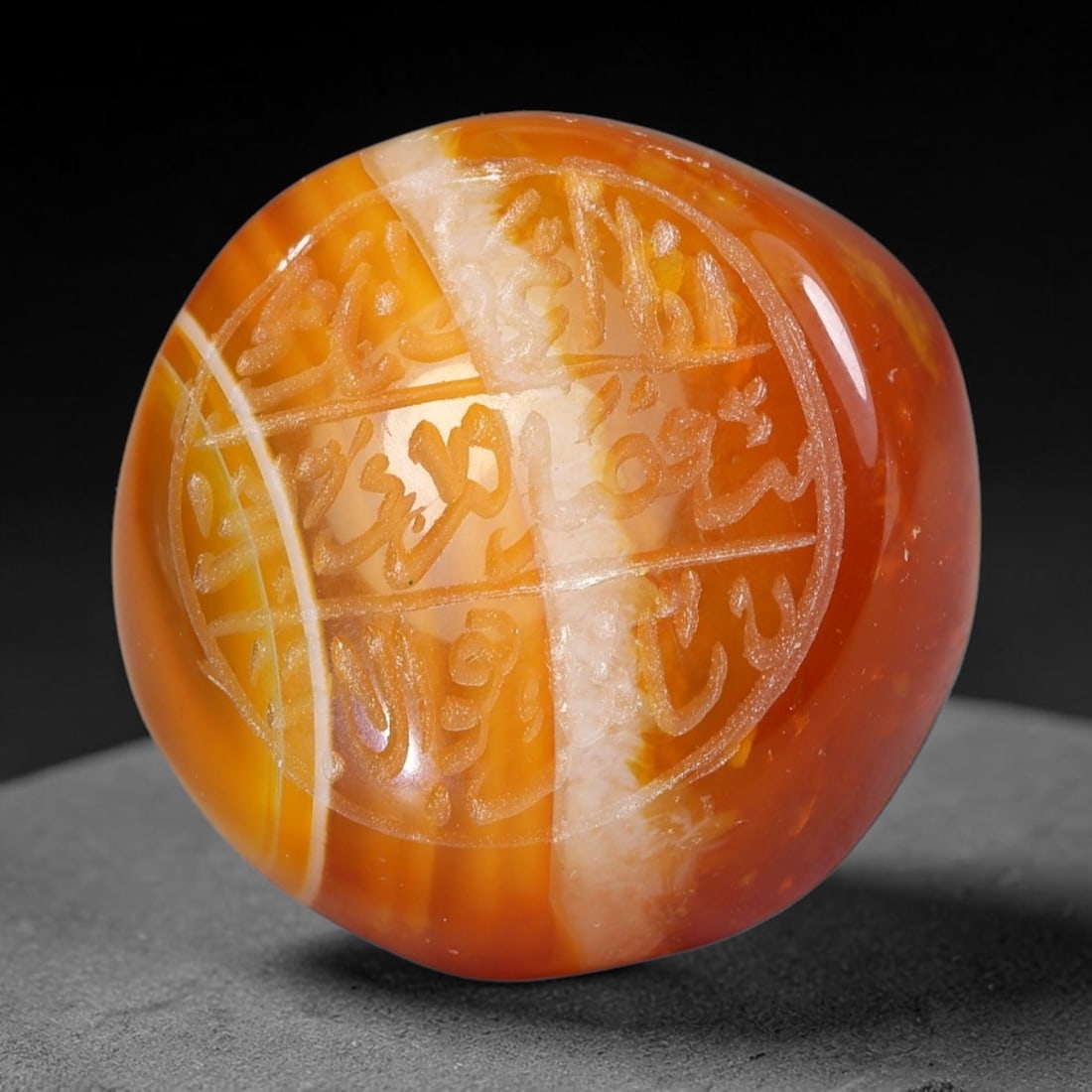 Early Vintage Islamic Natural Agate Script Intaglio Seal Cabochon (Post 1900 CE), 24AP: Fully hand-engraved oval agate intaglio seal tablet, crafted entirely by hand with no machine-assisted carving. The polished stone face features inscribed devotional script contained within a defined 
