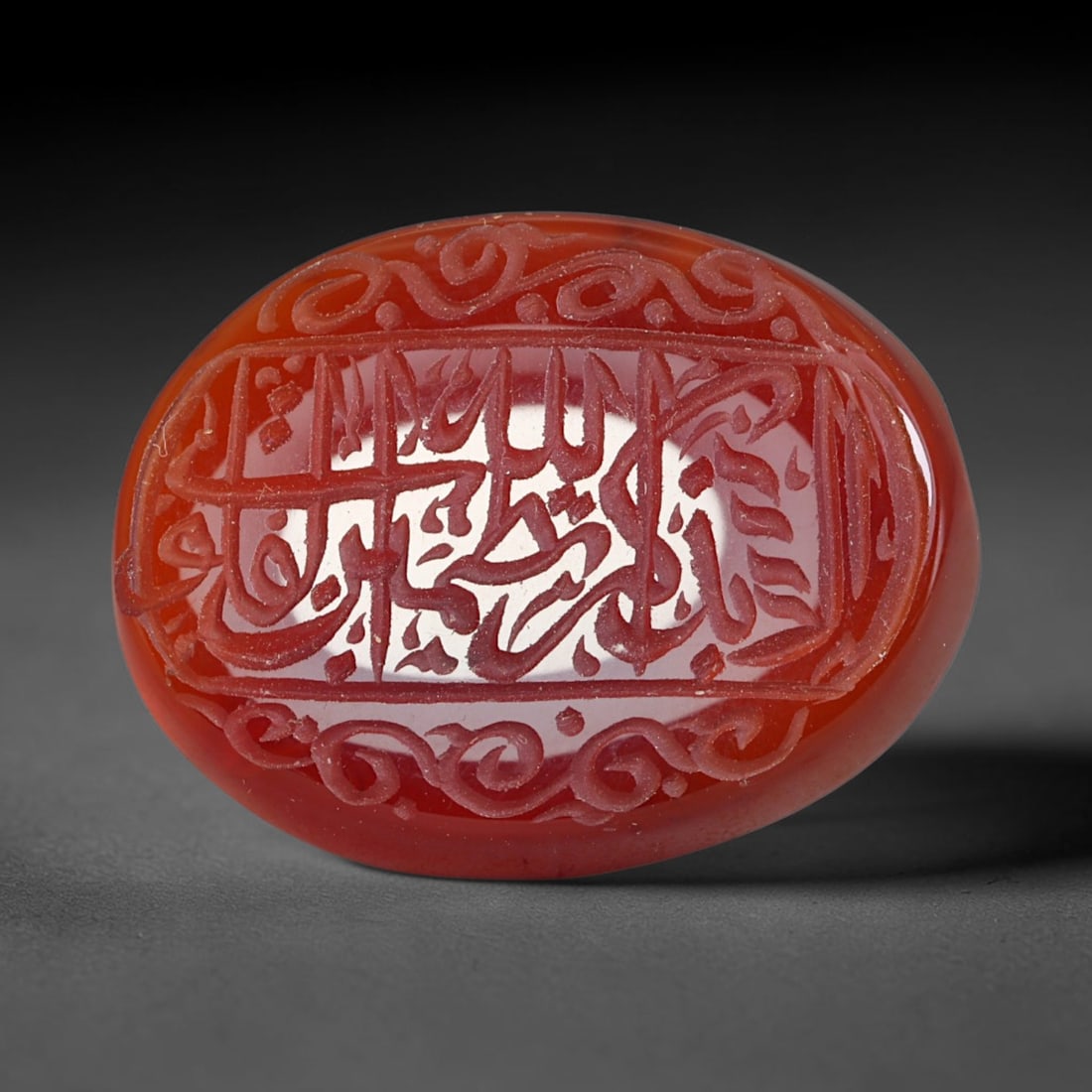 Early Vintage Islamic Natural Agate Script Intaglio Seal Cabochon (Post 1900 CE), 82FL: Fully hand-engraved oval agate intaglio seal tablet, crafted entirely by hand with no machine-assisted carving. The polished stone face features inscribed devotional script contained within a defined 