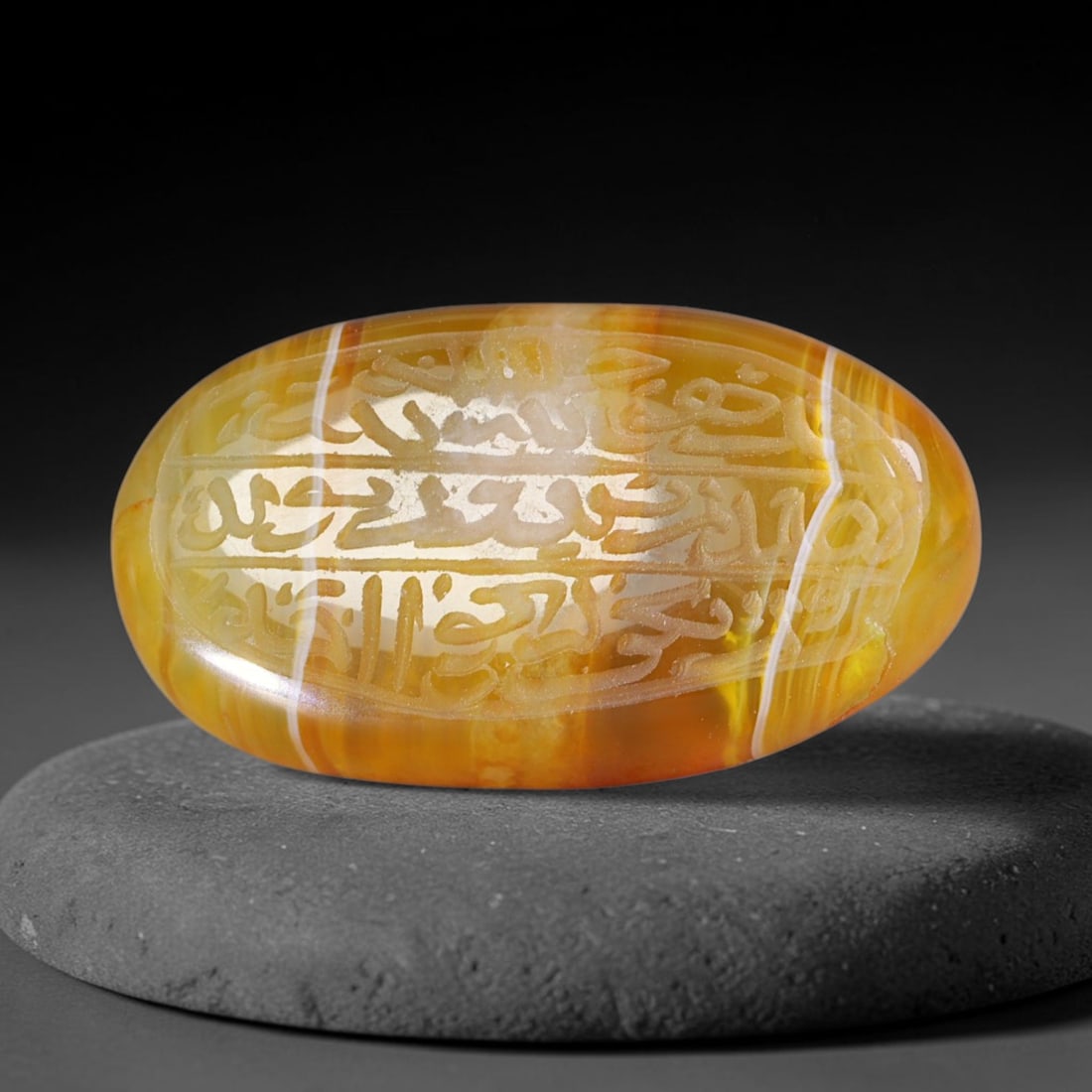 Early Vintage Islamic Natural Agate Script Intaglio Seal Cabochon (Post 1900 CE), 76FL: Fully hand-engraved oval agate intaglio seal tablet, crafted entirely by hand with no machine-assisted carving. The polished stone face features inscribed devotional script contained within a defined 