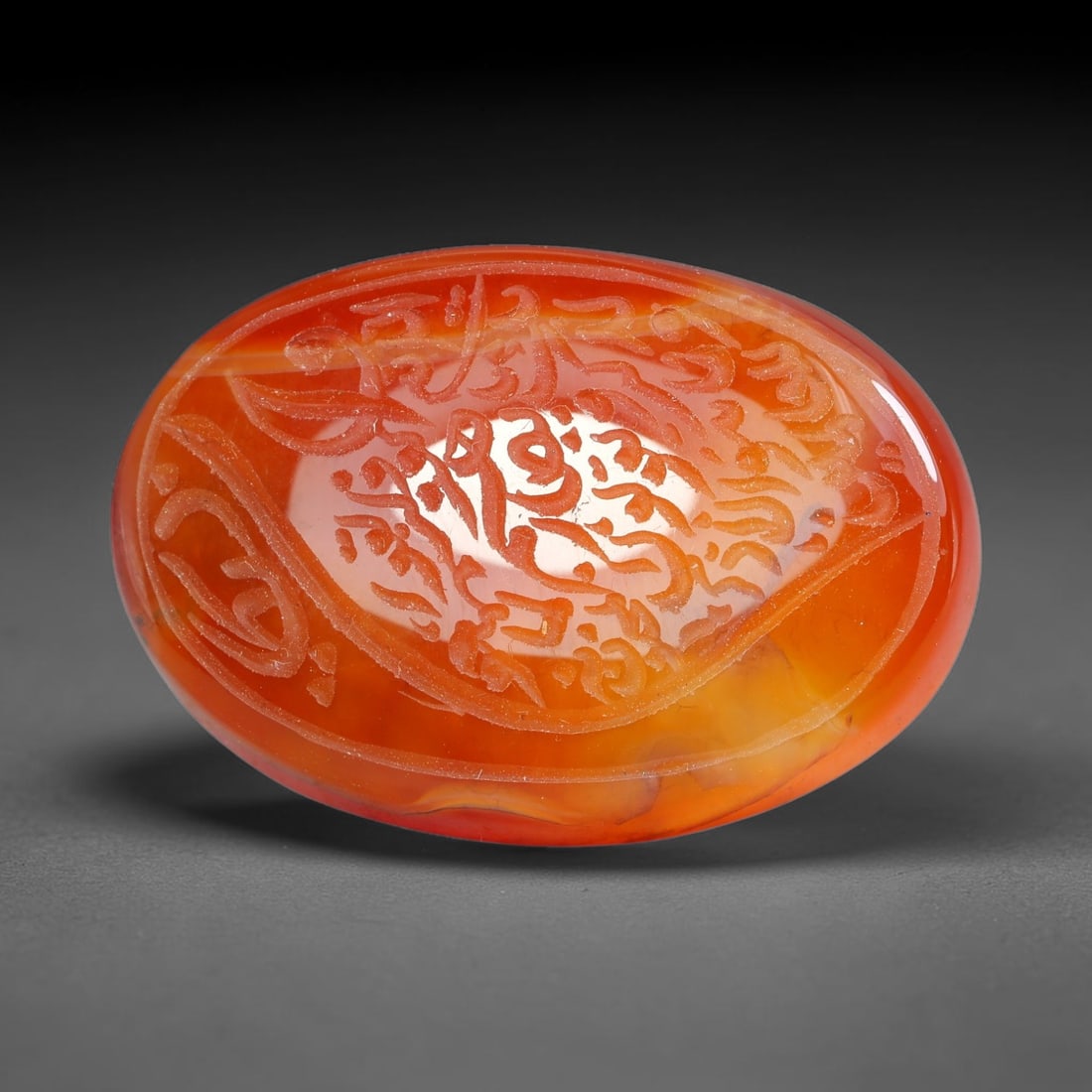 Early Vintage Islamic Natural Agate Script Intaglio Seal Cabochon (Post 1900 CE), 57FL: Fully hand-engraved oval agate intaglio seal tablet, crafted entirely by hand with no machine-assisted carving. The polished stone face features inscribed devotional script contained within a defined 
