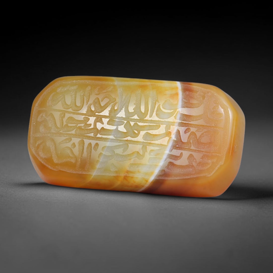 Early Vintage Islamic Natural Agate Script Intaglio Seal Cabochon (Post 1900 CE), 64FL: Fully hand-engraved oval agate intaglio seal tablet, crafted entirely by hand with no machine-assisted carving. The polished stone face features inscribed devotional script contained within a defined 