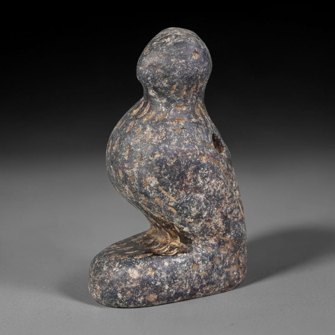 Ancient Near Eastern Mottled Dark Stone Standing Bird Amulet (800-300 BCE), 44AB: Hand-carved speckled dark stone upright bird talisman with an integrated oval base for stable display. Fine linear incisions across the torso mimic feather detailing, filled with light earthy burial p