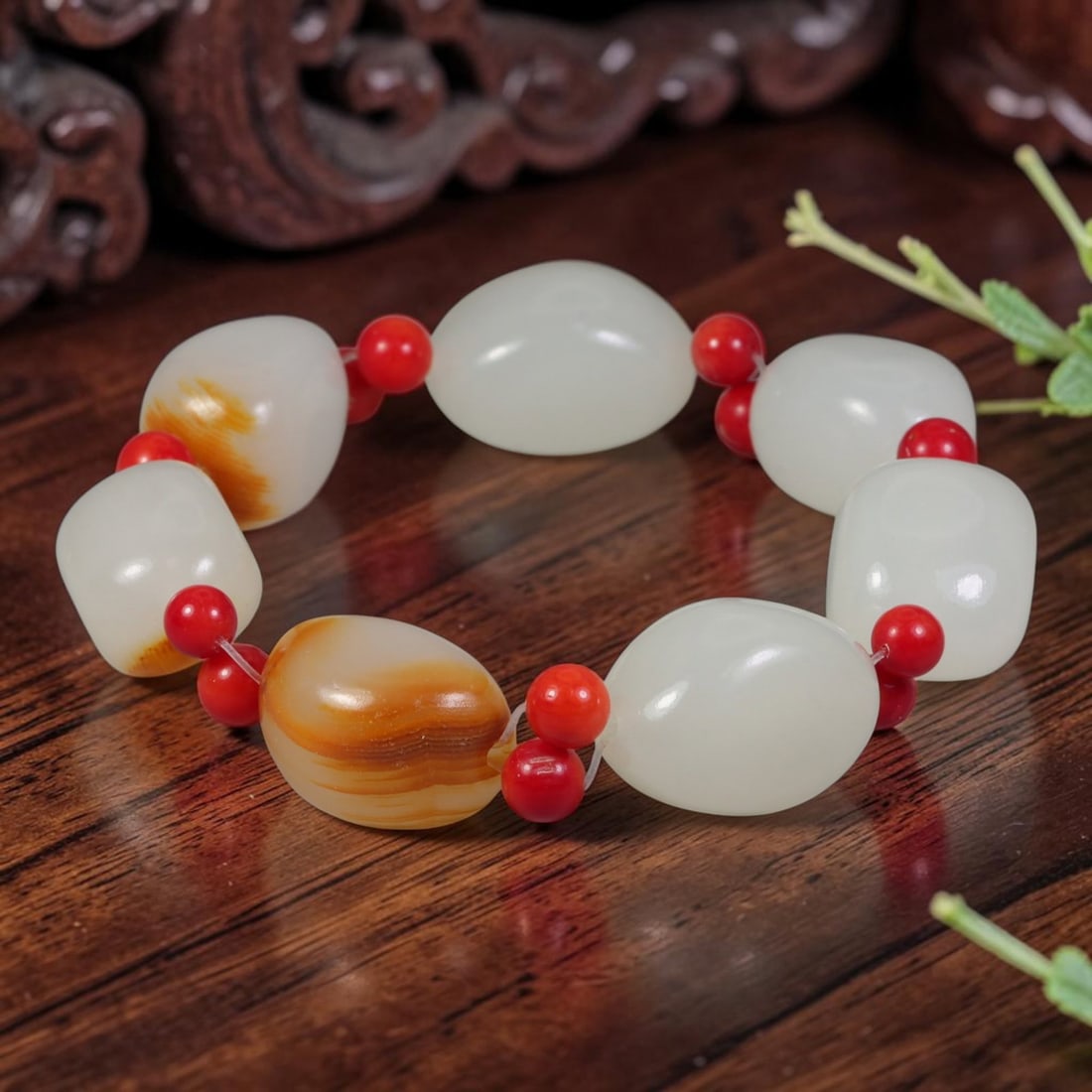 Natural Chinese White Jade Beaded Bracelet - Russet Jade Red Spacer Strand, 6AP, 6AP: Hand-strung bracelet made of polished freeform natural Chinese white jade beads measuring 15mm, several beads featuring distinct natural layered amber russet banding as inherent stone characteristics.