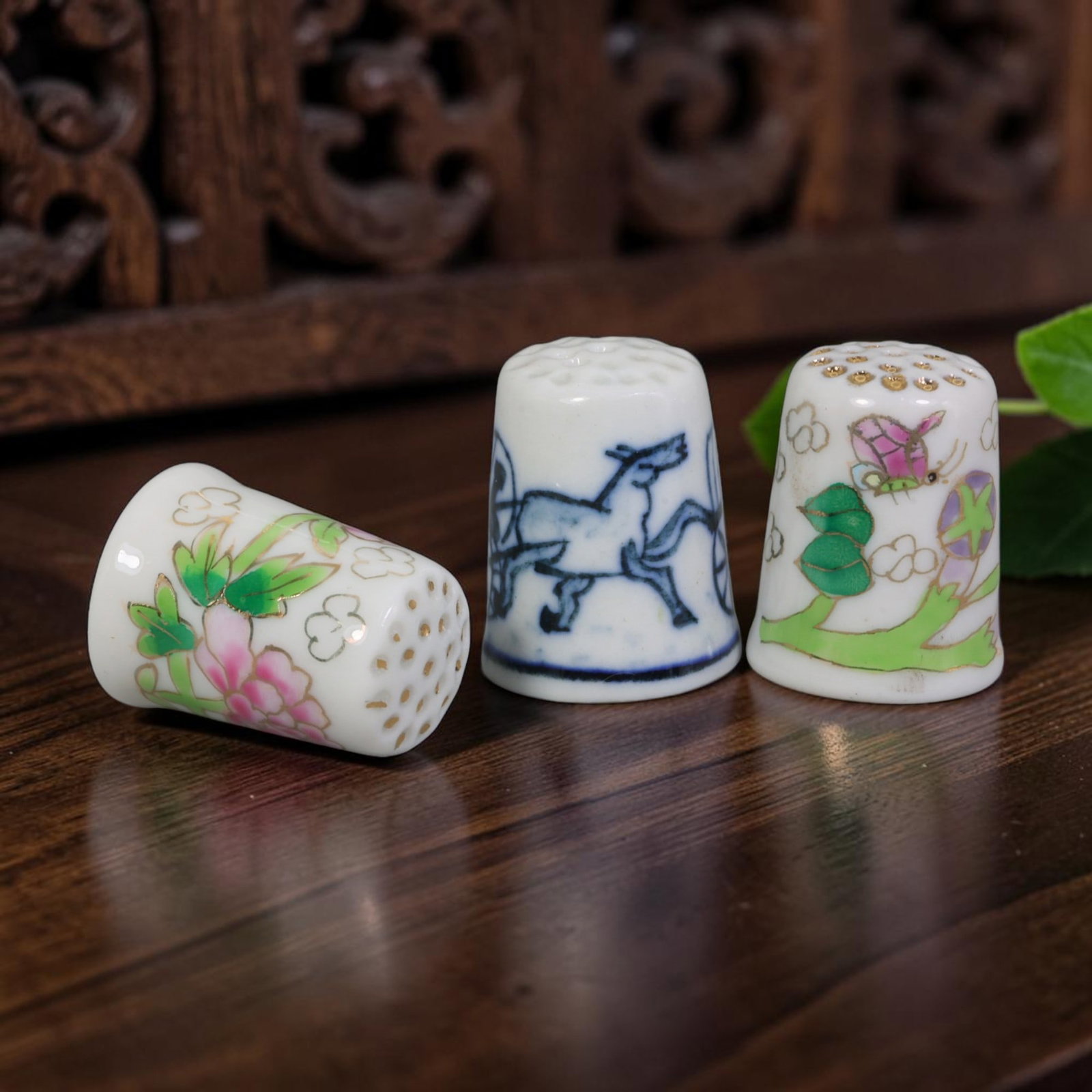 Vintage Hand-Painted Porcelain Thimble Set of 3 - Floral, Horse & Butterfly Sewing, 20AR, 20AR (1 of 2)