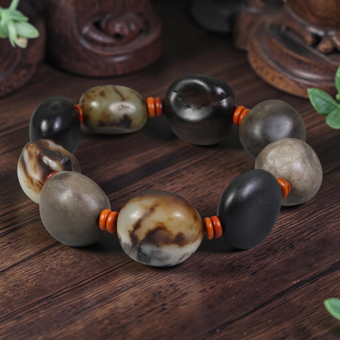Natural Chinese Hetian Nephrite Jade Beaded Bracelet - Multi-Tone Raw Pebble Jade Strand, 11AP, 11AP: Hand-strung bracelet constructed with natural freeform Hetian nephrite pebble beads measuring 20mm each, showcasing rich varied natural colouration including deep black, smoky grey, pale celadon, and 