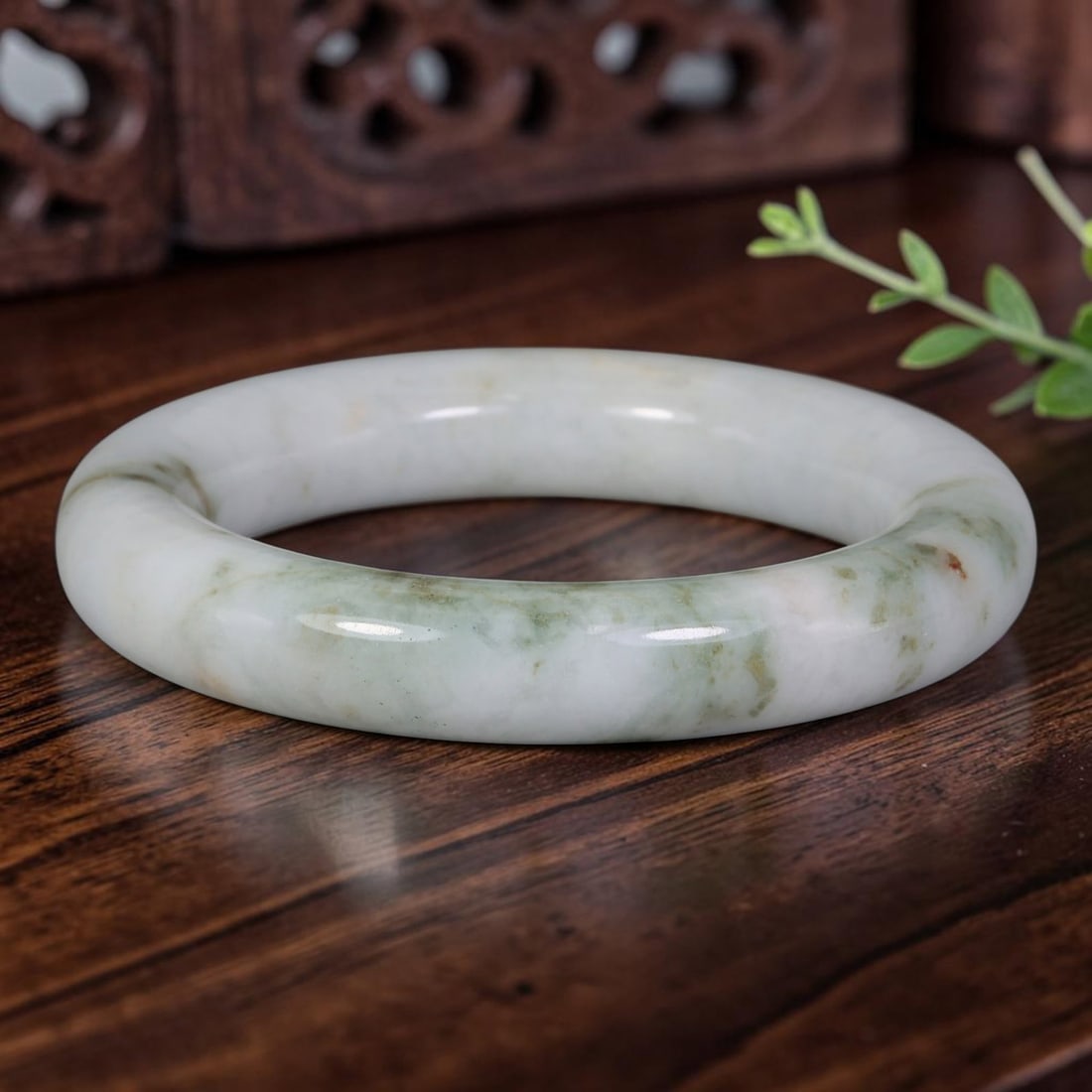 Natural Burmese Type A Gentle Wispy Floating Green Jadeite Jade Bangle, 1AP, 1AP: Crafted from natural untreated Burmese Type A jadeite jade, this medium-small fit bangle features faint, wispy muted sage green streaks flowing along the band over a clean milky white jade base, creat
