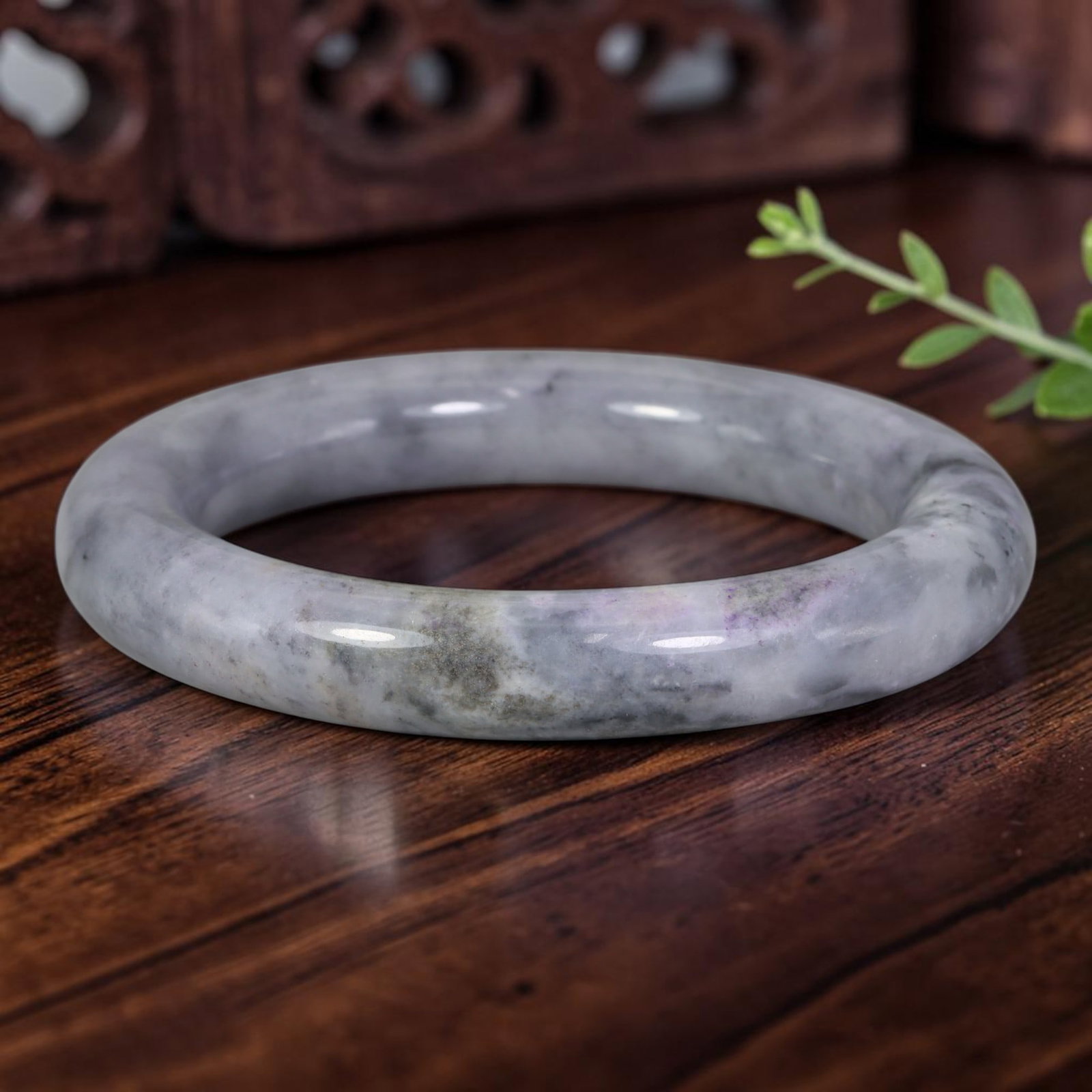 Natural Burmese Type A Smoky Gray Ink Lavender Jadeite Jade Bangle, 98FD, 98FD: Crafted from natural untreated Burmese Type A jadeite jade, this slender rounded bangle features diffused smoky gray ink cloud mottling across a pale milky white foundation, accented with subtle laven