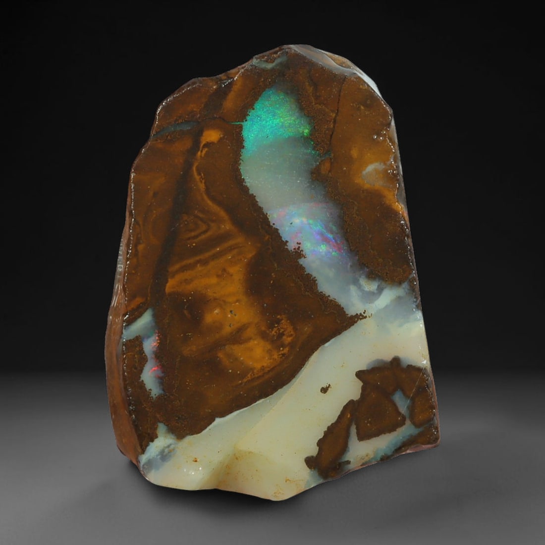 17.70ct Natural Australian Queensland Boulder Opal Sliced Slab Cutting Rough, 6AY: Natural sliced slab rough of Queensland boulder opal cutting grade, featuring rich color ironstone matrix with patterns. The face clearly reveals extensive opal veining and pocket formations running t