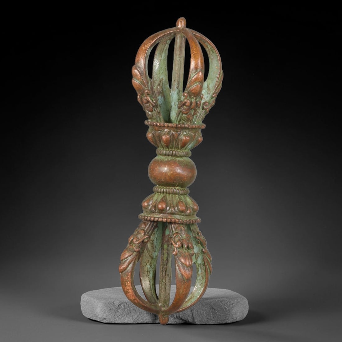 Vintage Tibetan Copper Alloy Five-Pronged Vajra Ritual Implement, 48AH: Hand-cast copper alloy vajra featuring symmetrical five-pronged construction at both upper and lower terminals, each prong adorned with intricate floral and mythical creature relief detailing. A bulbo