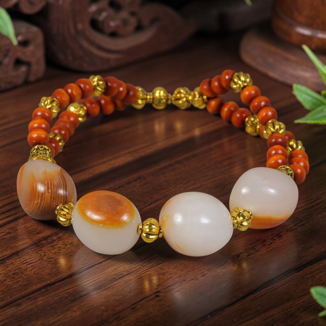 Natural Chinese White Jade Beaded Bracelet - Russet Jade Wood Gilded Accent Strand, 7AP: Hand-strung bracelet featuring four polished freeform natural Chinese white jade beads at 14mm, each bearing unique natural amber russet skin banding as inherent mineral patterning. Decorative carved 