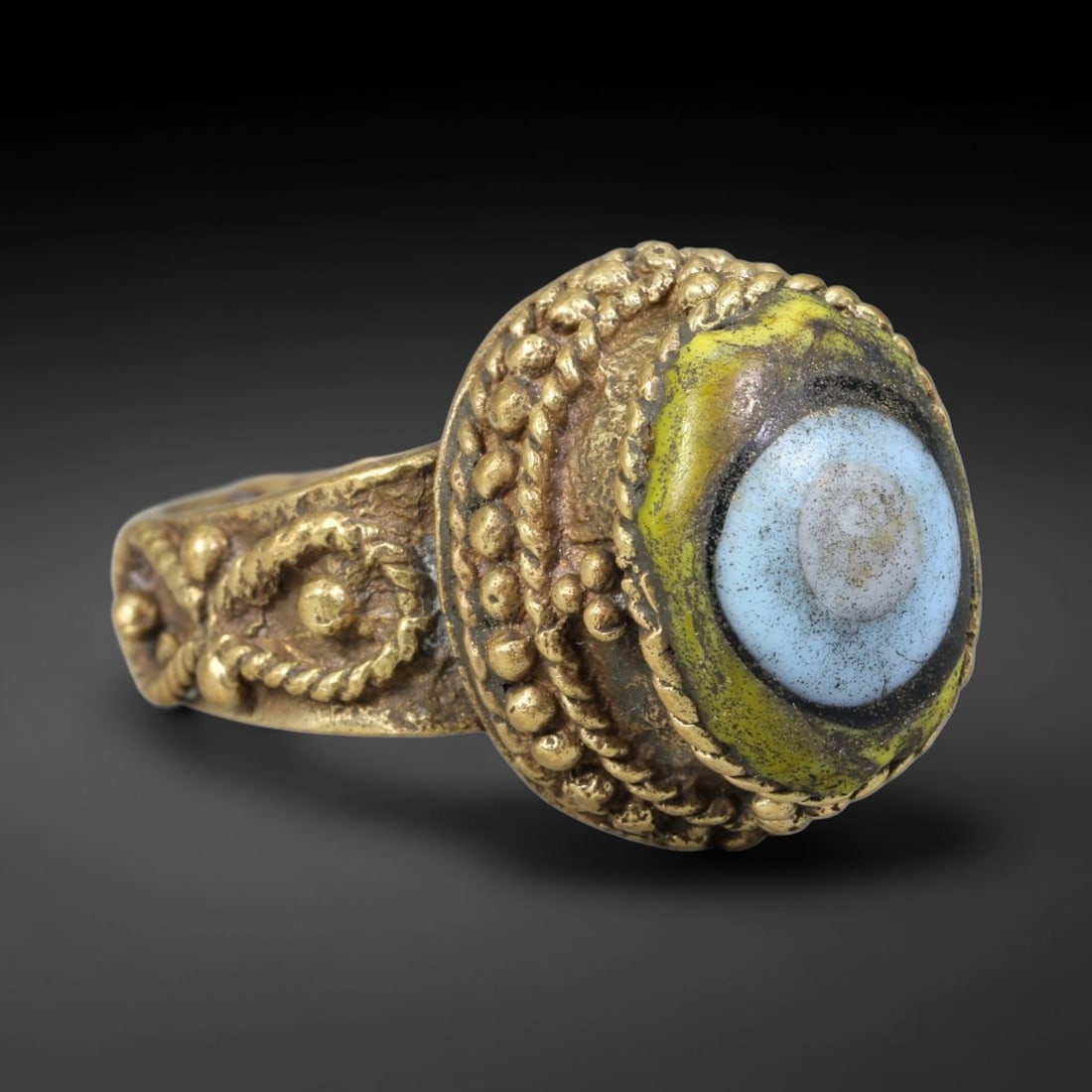 Antique Islamic Millefiori Evil Eye Glass Cabochon Set Vintage Signet Ring (1700-1900 CE), 49AN: The primary collectible value resides within the inset antique millefiori evil-eye glass cabochon, authentic genuine antique glass (distinguished from earlier ancient glass and modern vintage glass) c