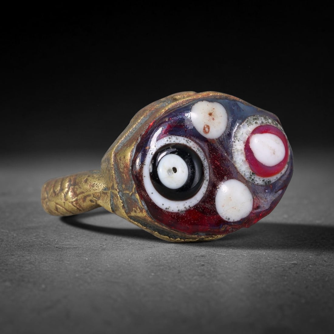 Antique Islamic Millefiori Evil Eye Glass Cabochon Set Vintage Signet Ring (1700-1900 CE), 76FM: The primary collectible value resides within the inset antique millefiori evil-eye glass cabochon, authentic genuine antique glass (distinguished from earlier ancient glass and modern vintage glass) c