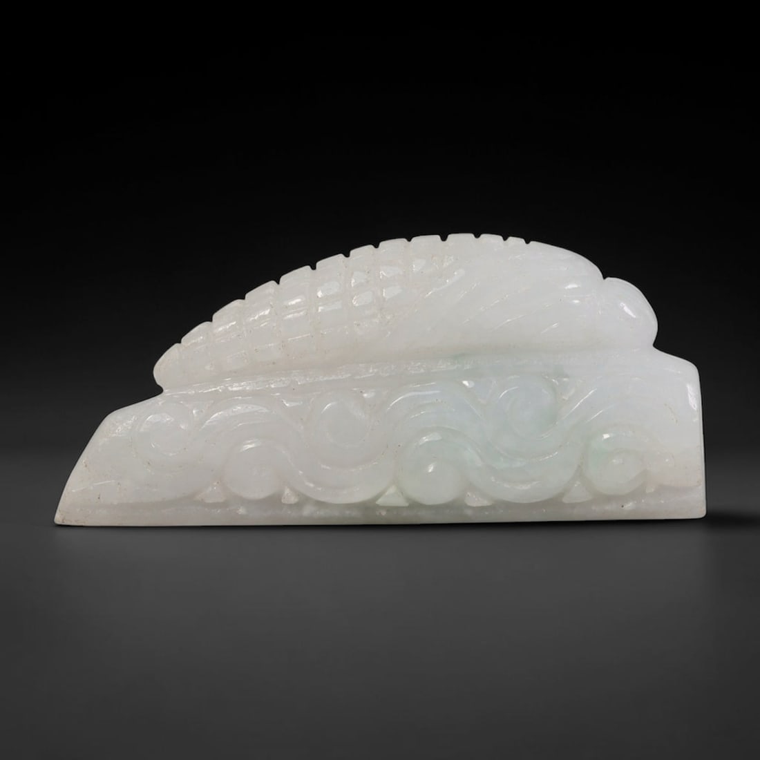 Natural Vintage Burmese Type A Jadeite Jade Cicada Scroll Bar Pendant, 64AA: Hand-carved vintage decorative pendant crafted from untreated natural Burmese Type A jadeite jade, measuring 4cm x 1.7cm. The rectangular bar base is fully adorned with continuous flowing spiral ruyi 