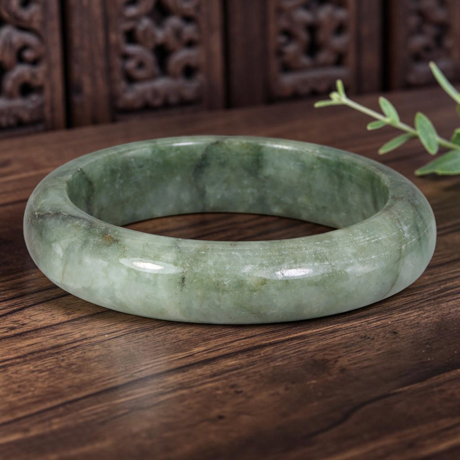 Natural Burmese Type A Uniform Muted Sage Green Jadeite Jade Bangle, 96FD: Crafted from natural untreated Burmese Type A jadeite jade, this tiny compact bangle features an even soft sage green tone with faint natural mineral veining forming understated Moss in Snow texture. 