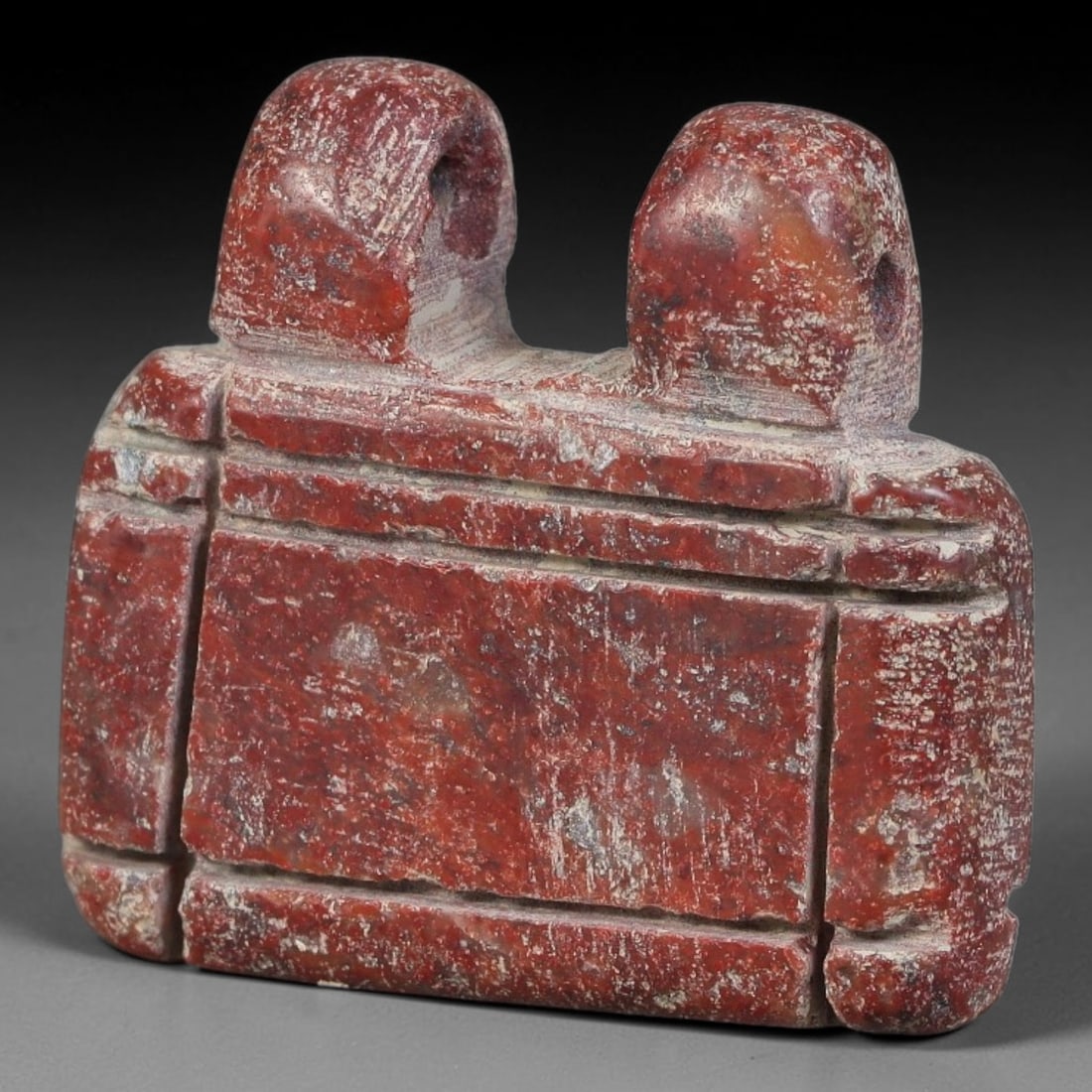 Ancient Coptic Christian Egyptian Culture Banded Agate Rectangular Amulet (300-1000 CE), 16AT: This antique carved red banded agate rectangular pendant amulet originates from Coptic Christian Egyptian Culture, medieval Nile Valley artisans crafting devotional protective talismans for burial and