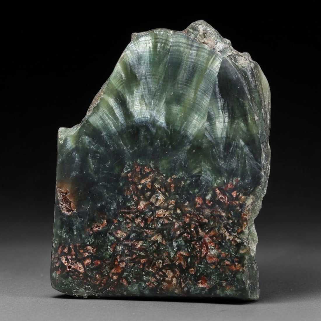 55ct Natural Siberian Seraphinite Polished Rough Slab, 75AR: This polished mineral slab is natural seraphinite originating from Siberian deposits, displaying characteristic radiating crystalline fibrous formations with layered deep forest and silvery green band