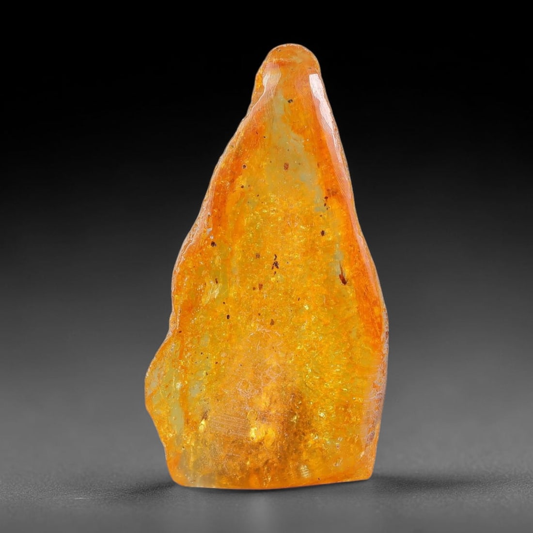 15.88ct Natural Baltic Polished Loose Freeform Amber Gemstone, 49EB: This smoothly polished freeform amber piece carries warm translucent organic clarity with fine natural fossil flecks and tiny mineral inclusions suspended throughout its 34x19mm flowing unstructured s
