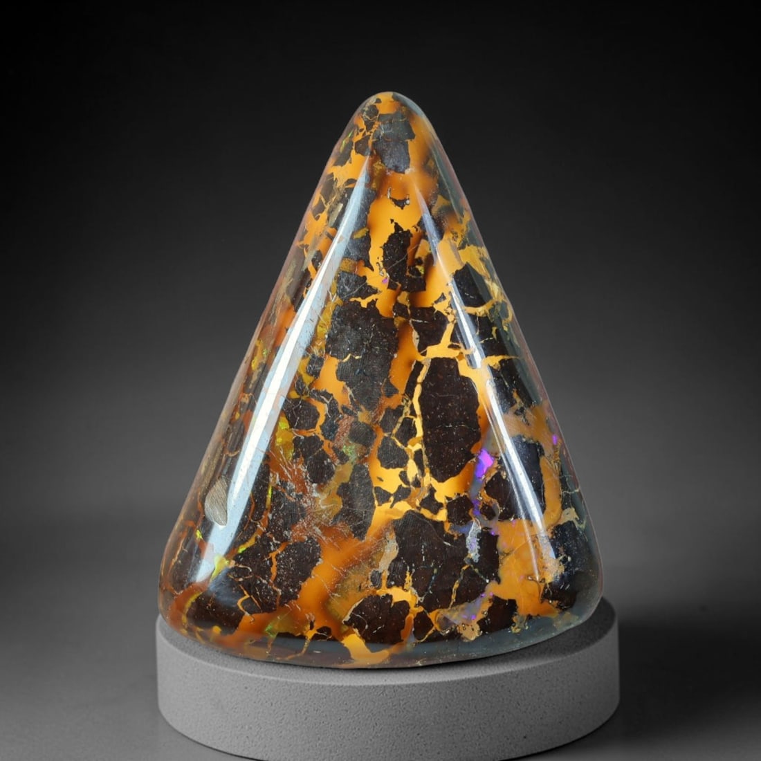 35.45ct Natural Australian Queensland Matrix Boulder Opal Cabochon, 66AT: Hand polished tapered triangular cone cabochon crafted from natural Queensland matrix boulder opal, featuring dense dark ironstone host rock laced with thick branching golden opal veining dotted with 