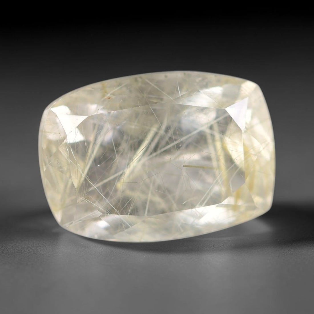 8.30 Carats Natural Brazil Golden Needle Rutile Quartz Loose Gemstone, 58FG: This natural Brazil golden needle rutile quartz facet carries dimension readings of 15.1x10.7x7.6mm, filled with dense thin copper-gold rutile needle inclusions that stretch horizontally across the tr