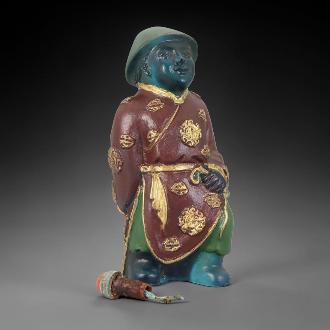 Vintage Chinese Liuli Glass Snuff Bottle - Standing Robed Figure, 53AS: This snuff bottle is formed from translucent liuli glass, moulded into a standing human figure finished with hand-painted enamel and gilded decoration across the traditional robe. The garment is detai
