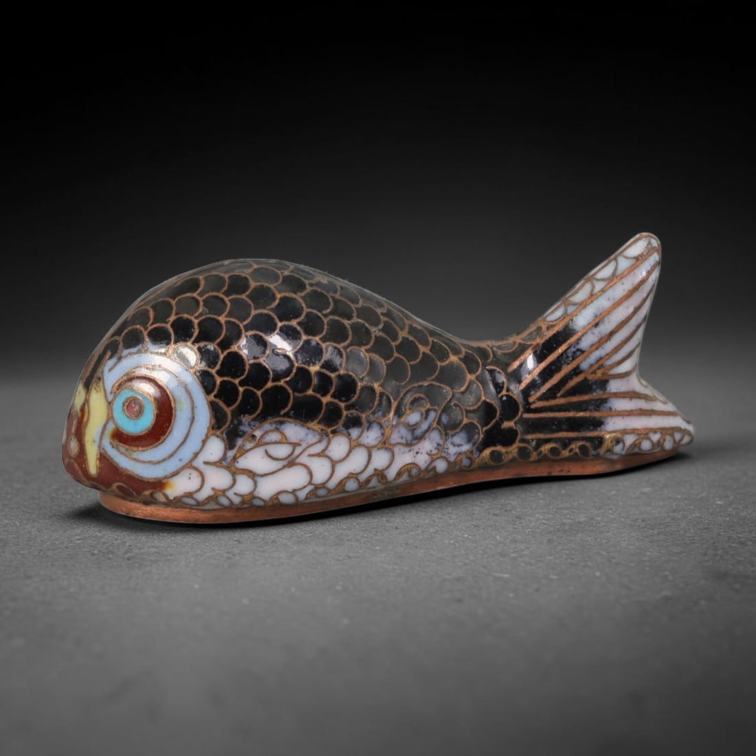 Vintage Chinese Black & White Cloisonne Carp Fish Effigy - Gilded Scale Mini Auspicious, 43AR: Handcrafted copper cloisonne carp effigy measuring 8cm in length and 3cm in height, a timeless traditional symbol of abundance, surplus and good fortune in Chinese folk culture. The fish figurine feat