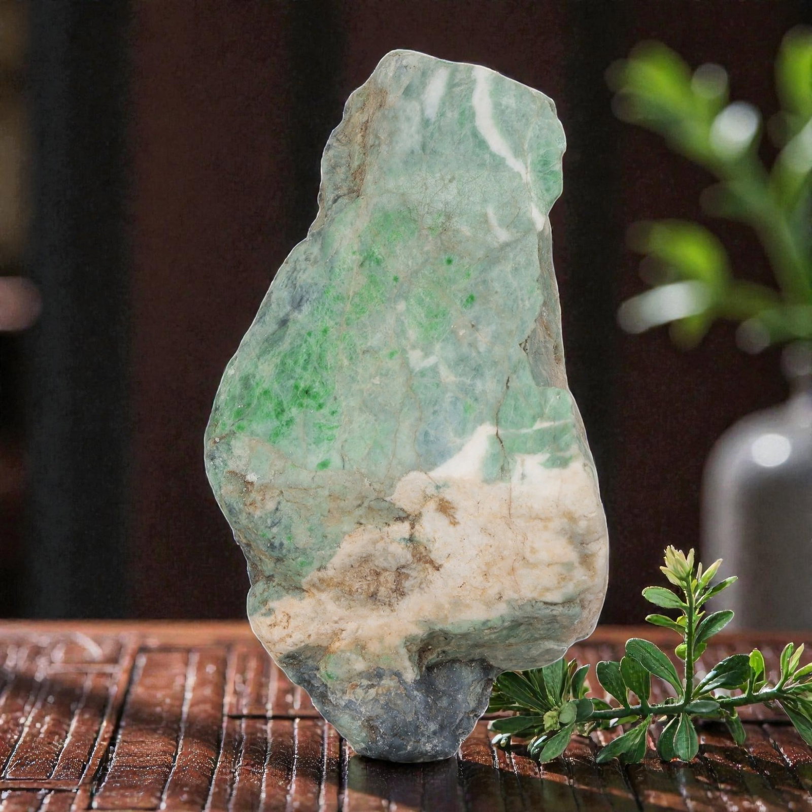 1500ct Natural Burmese Moss in Snow Jadeite Rough - Green Streaked Landscape Stone, 72EA: This is a natural Type A Burmese jadeite rough stone, measuring 10.5x6.5cm and weighing 300g (1500ct). It showcases the classic "Moss in Snow" pattern, with vivid, forest-green moss-like inclusions na