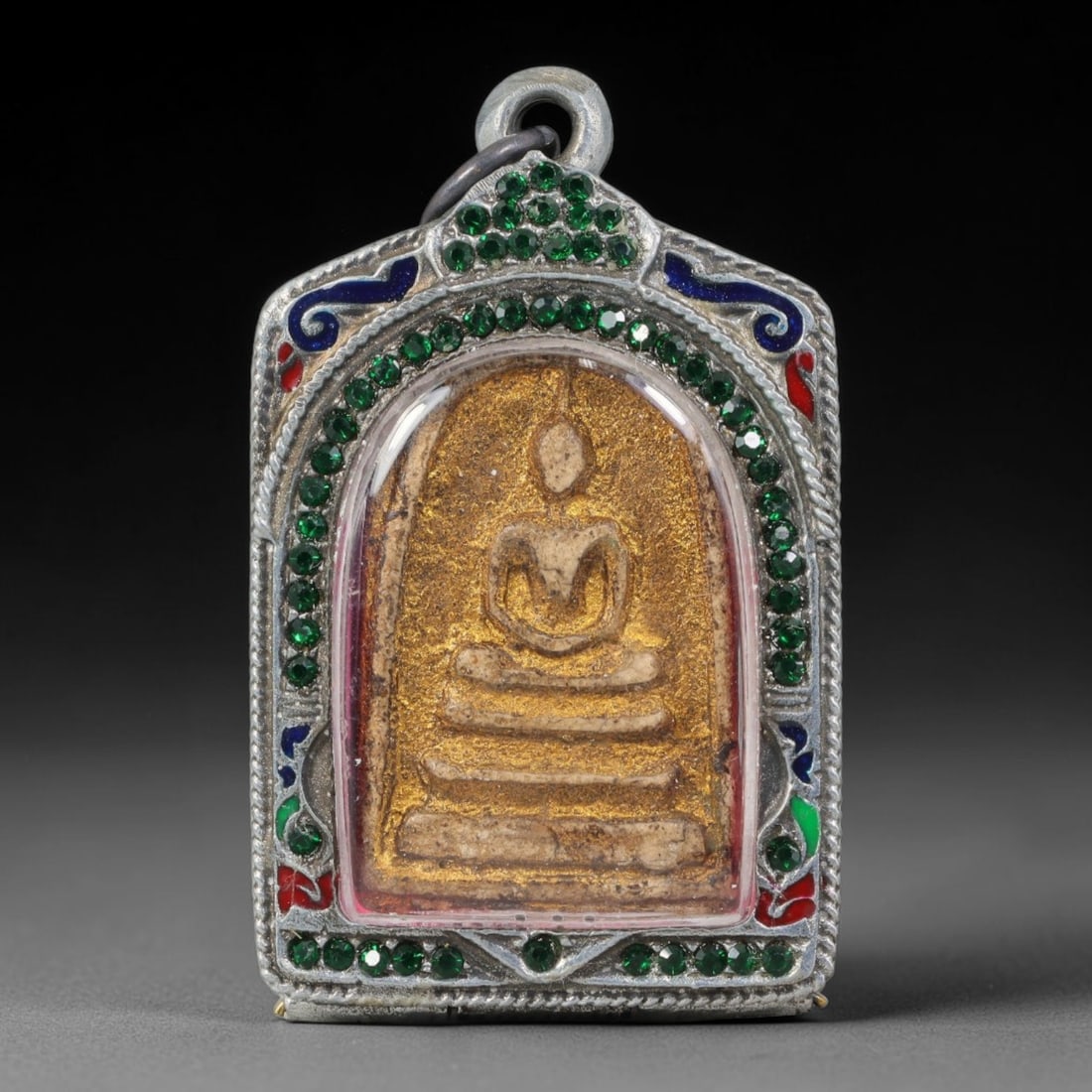 Vintage Thai Amulet Pendant - Gilded Clay Buddha Talisman Rhinestone Silver Alloy Casing, 93AA: Vintage arched rectangular Thai clay amulet measuring 6cm x 3.7cm, embossed seated Buddha resting on tiered stepped pedestal with the clay surface fully coated in faded antique gold leaf finish, showi