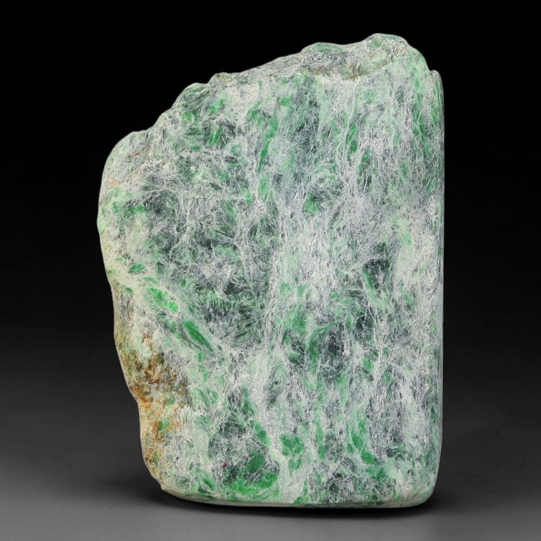 135ct Natural Type A Burmese Jadeite Jade Sliced Rough, 52FB: This specimen is a sliced rough block of natural Type A Burmese jadeite jade. The interior displays natural colour zoning with visible mineral veining and crystalline patterns typical of unprocessed j