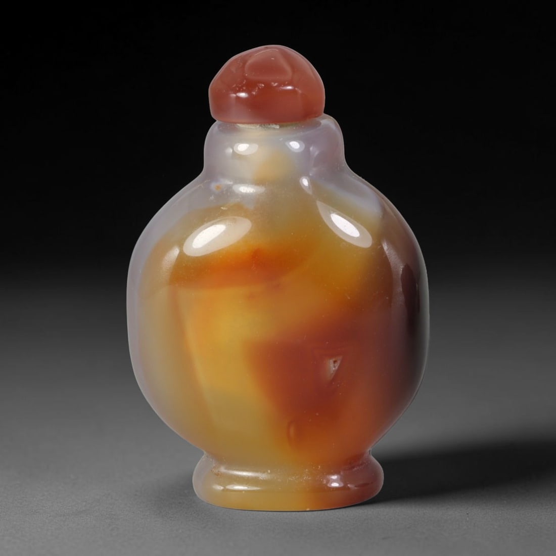 Natural Mongolian Agate Snuff Bottle - Amber Swirl Chalcedony Vessel, 95AR: This hand-carved snuff bottle is fashioned from natural Mongolian agate chalcedony, featuring a pale translucent milky base blended with sweeping natural amber and rust-toned mineral swirls concentrat