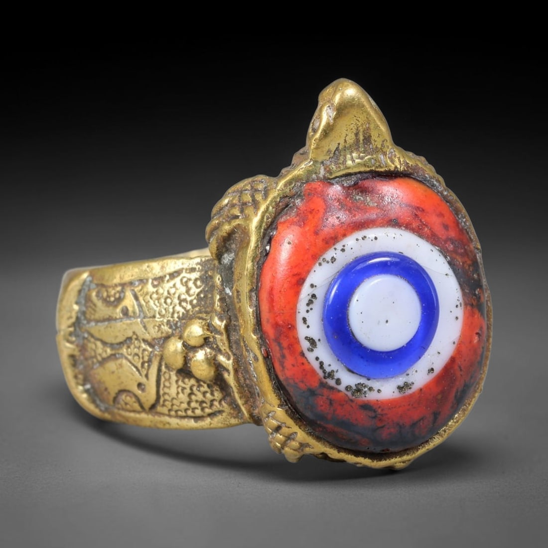 Antique Islamic Millefiori Evil Eye Glass Cabochon Set Vintage Signet Ring (1700-1900 CE), 42AN: The primary collectible value resides within the inset antique millefiori evil-eye glass cabochon, authentic genuine antique glass (distinguished from earlier ancient glass and modern vintage glass) c